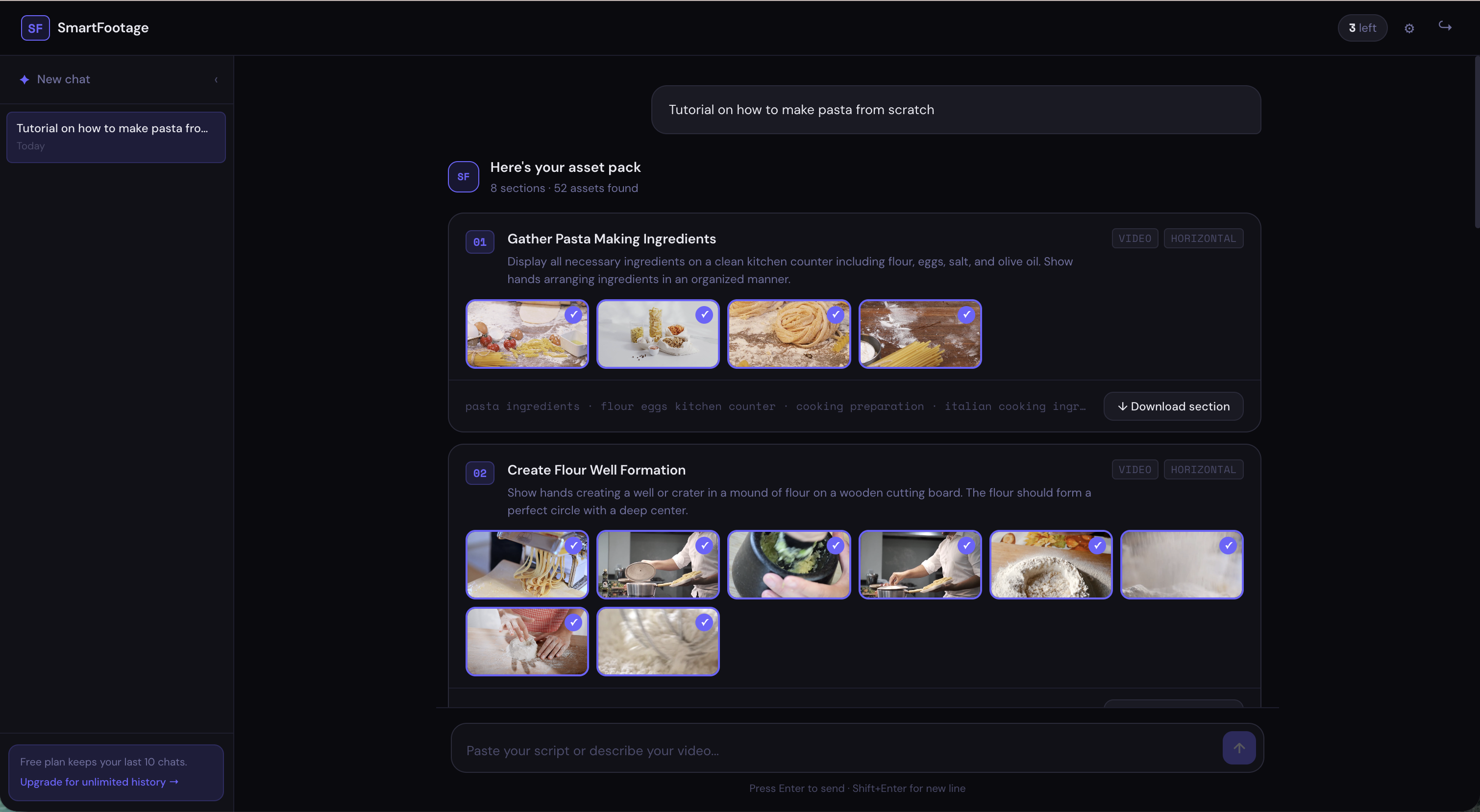 SmartFootage chat workspace with suggested video topics and script input.